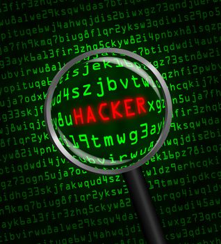 The word "HACKER" in red revealed revealed in green computer machine code through a magnifying glass 