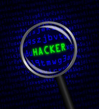 The word "HACKER" in green revealed revealed in blue computer machine code through a magnifying glass