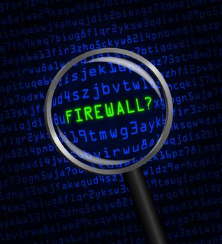 The word "FIREWALL?" in green revealed in blue computer machine code through a magnifying glass.