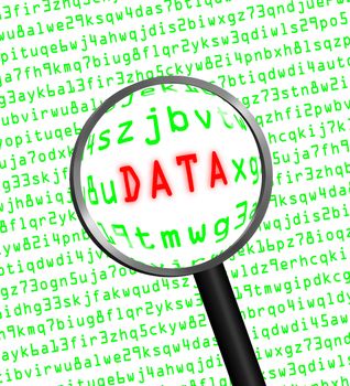 The word "DATA" in red revealed in green computer machine code through a magnifying glass. White background.