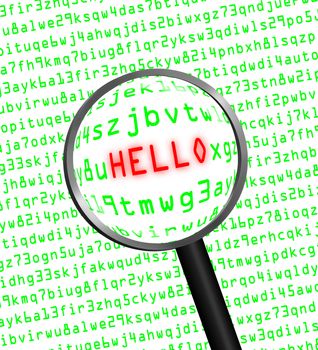 The word "HELLO" in red revealed in green computer machine code through a magnifying glass. White background.