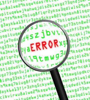 The word "ERROR" in red revealed in green computer machine code through a magnifying glass. White background.