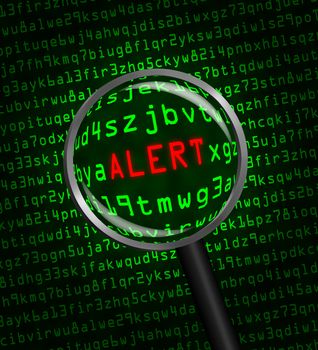 The word "ALERT" revealed in computer machine code through a magnifying glass 