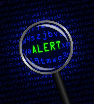 The word "ALERT" in green revealed in blue computer machine code through a magnifying glass 