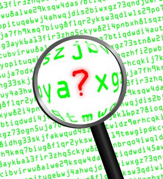 Question Mark ? in red revealed in green computer machine code through a magnifying glass. White background.