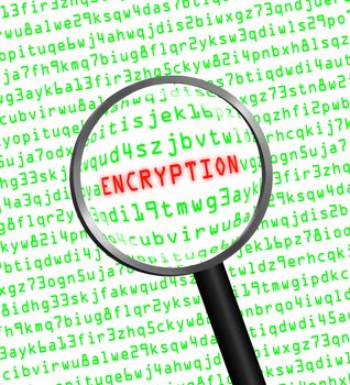 The word "ENCRYPTION" in red revealed in green computer machine code through a magnifying glass. White background.