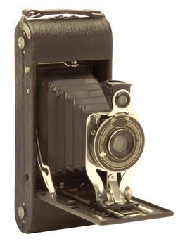 Vintage Agfa Ansco folding bellows film camera against white background. Logos have been removed to avoid trademark infringement.