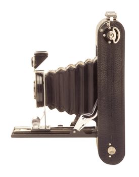 Vintage Agfa Ansco folding bellows film camera in profile against white background. No logos visible to avoid trademark infringement.