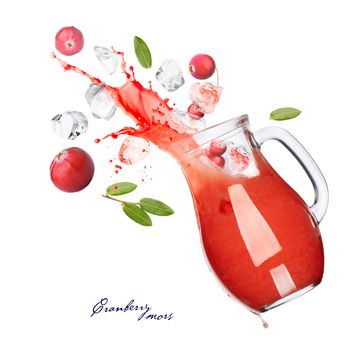 Falling down pitcher of cranberry beverage. Jug full of russian mors