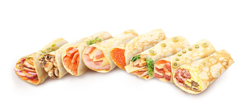 Big collection of elegant,neat, gourmet stuffed savory crepes decorated with herbs