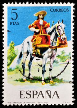 SPAIN - CIRCA 1974: a stamp printed in the Spain shows Mounted Drummer of the Dragoons, 1677, Uniform, circa 1974