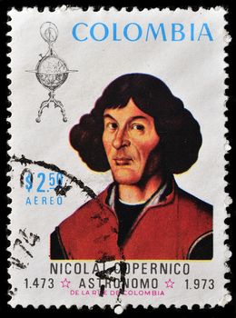COLOMBIA - CIRCA 1976: Postage stamp printed in Colombia shows the portrait of Copernicus. 500 Anniversary Nacimento De Nikolas Copernico 1473-1973, circa 1973