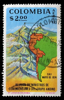 COLOMBIA - CIRCA 1974: A stamp printed in Colombia shows image of a map of Colombia, series, circa 1974