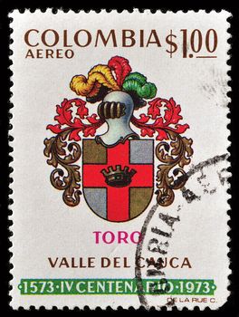 COLOMBIA - CIRCA 1973: A Stamp printed in Colombia showing the armor of the Colombian cavalry, circa 1973