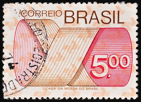 BRAZIL - CIRCA 1974: A stamp printed in Brazil shows Mark Post and Emblem, circa 1974.