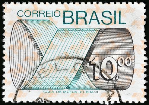 BRAZIL - CIRCA 1974: A stamp printed in Brazil shows Mark Post and Emblem, circa 1974.