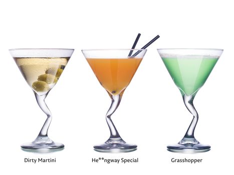 Collection of most popular classical alcoholic cocktails in martini glasses.