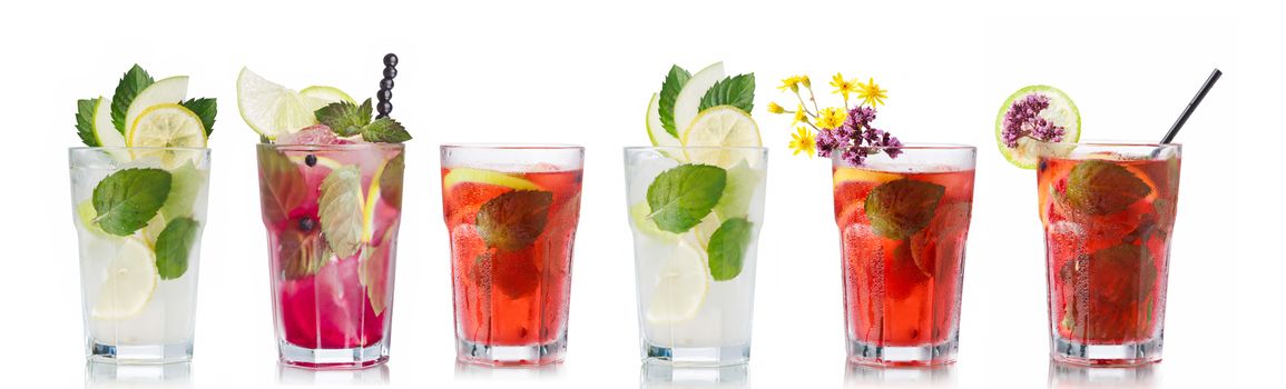 Collection of mojito cocktails with strawberry,blueberry, apple.