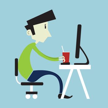 Young boy sitting at computer. Flat style illustration.