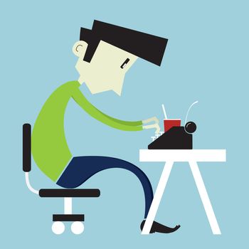 Young boy typing on a typewriter - Flat style illustration.