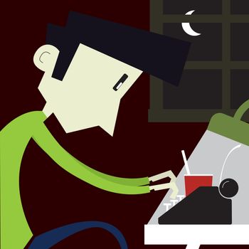 Young boy typing on a typewriter - Flat style illustration.