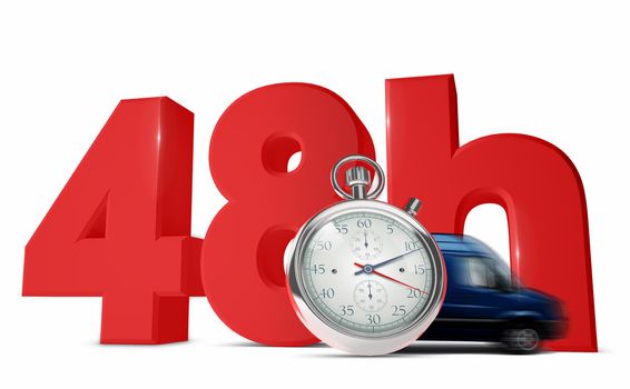 Fast delivery concept with words 48 Hrs, express van and a chronometer isolated on white background. - 3D Render