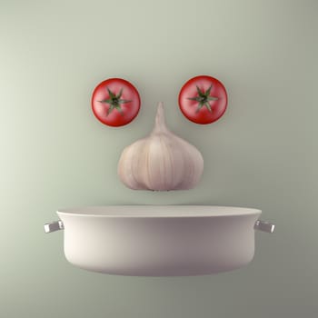 Vegetable face. White pot with tomatoes and garlic.