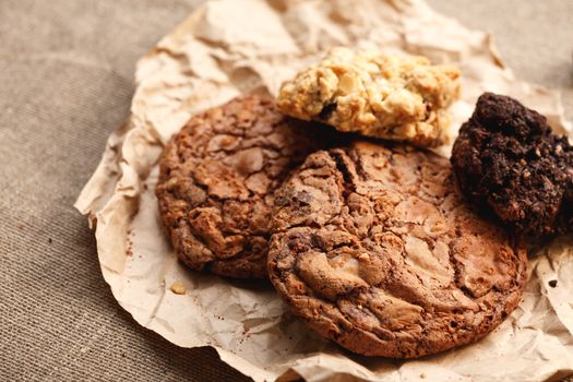 Homemade chocolate chip, oatmeal and muesli cookies. Sweet food