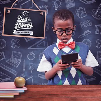 Pupil with calculator against overhead of wooden planks