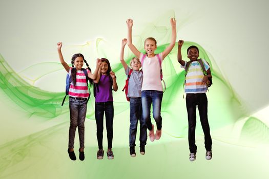 School kids running in school corridor against green abstract design