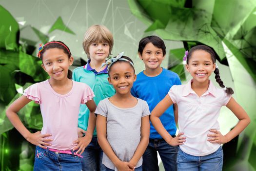 Cute pupils smiling at camera in classroom against angular design