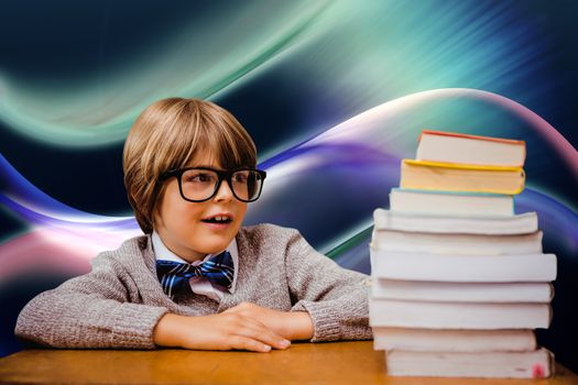 Cute pupil with pile of books against glowing abstract design