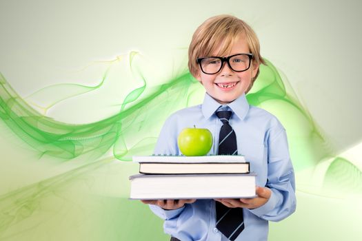 Cute pupil holding books and apple against green abstract design