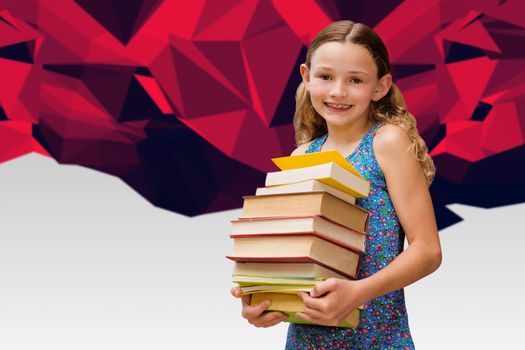 Cute little girl carrying books in library against red abstract design