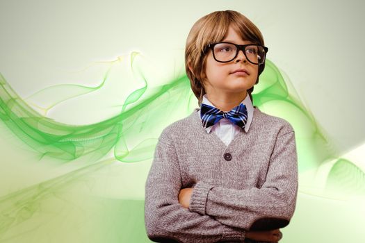 Cute pupil dressed up as teacher against green abstract design