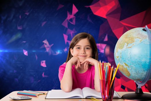 Cute pupil working at her desk against dark abstract design