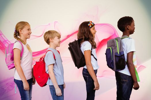 School kids standing in school corridor against pink abstract design