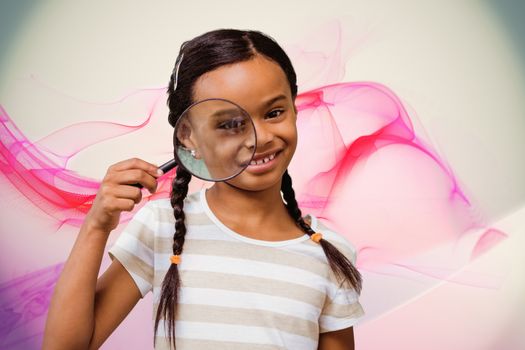 Happy pupil with magnifying glass against pink abstract design