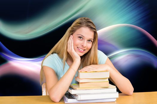 Portrait of female student in library against glowing abstract design