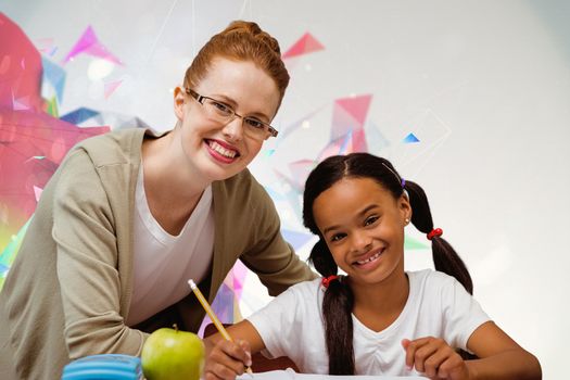 Happy pupil and teacher against colourful abstract design