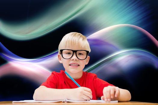 Cute pupil at desk against glowing abstract design
