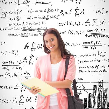 Pretty student smiling at camera against maths equations