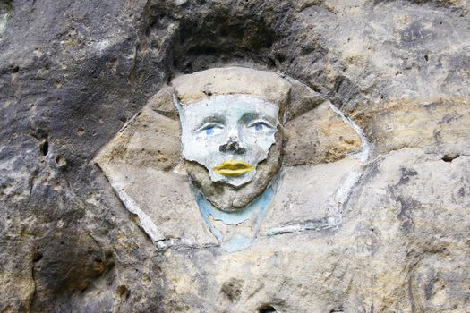 Sphinx - rock sculptures of giant head of Sphinx carved into the sandstone cliffs in the pine forest above the village Zelizy in the district Melnik, Czech republic. It is the works of sculptor Vaclav Levy, who created in the period 1841-1846.