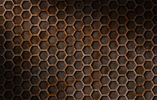 Rusty hexagon pattern grate texture background lit diagonally