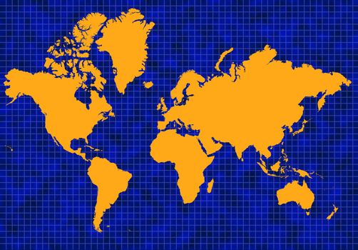 Blue global map with blue grid lines and yellow or gold continents