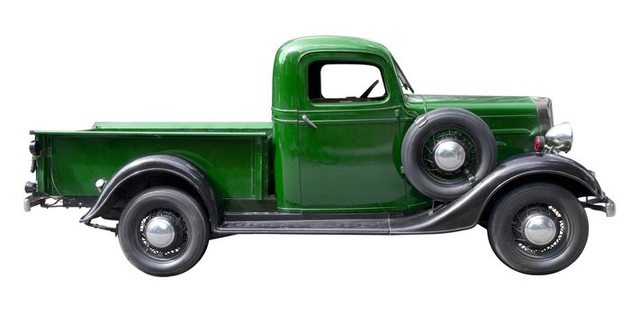 Green vintage pickup Chevrolet truck from 1930s isolated on white background