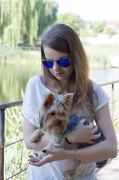 Happy young girl owner with yorkshire terrier dog walking in the park