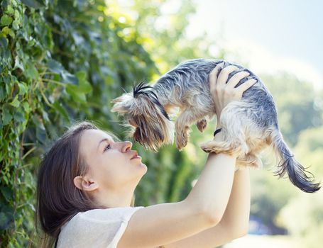 Beautiful woman to kiss the dog Yorkshire terrier