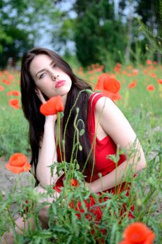 Young female model posing surrounded by poppies flowers. Brunette girl wearing red dress.