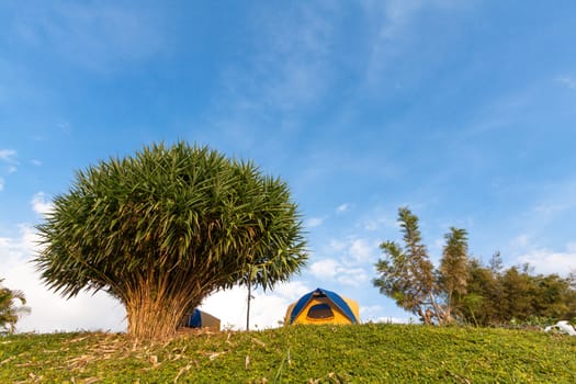 tent on mountain in bule sky